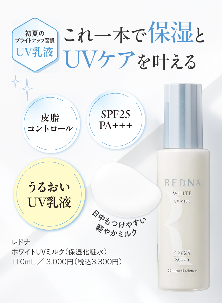 これ一本で保湿とUVケアを叶える レドナ ホワイトUVミルク（保湿化粧水） 110mL／3,000円（税込3,300円）