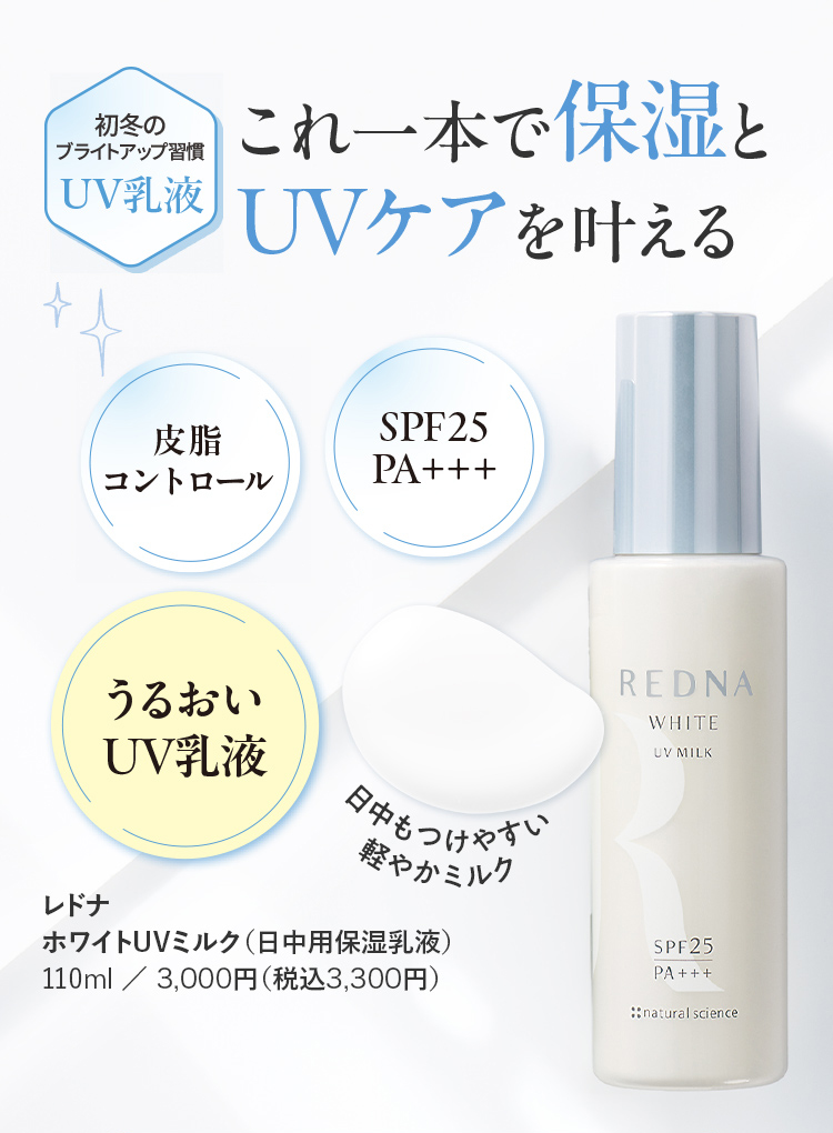 これ一本で保湿とUVケアを叶える レドナ ホワイトUVミルク（UV乳液） 110ml／3,000円（税込3,300円）