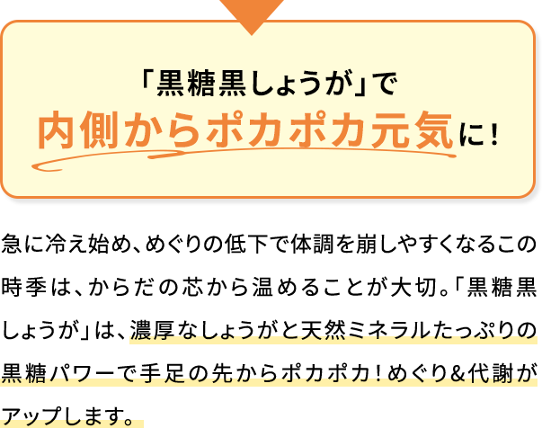「黒糖黒しょうが」で内側からポカポカ元気に!急に冷え始め、めぐりの低下で体調を崩しやすくなるこの時季は、からだの芯から温めることが大切。「黒糖黒しょうが」は、濃厚なしょうがと天然ミネラルたっぷりの黒糖パワーで手足の先からポカポカ!めぐり&代謝がアップします。