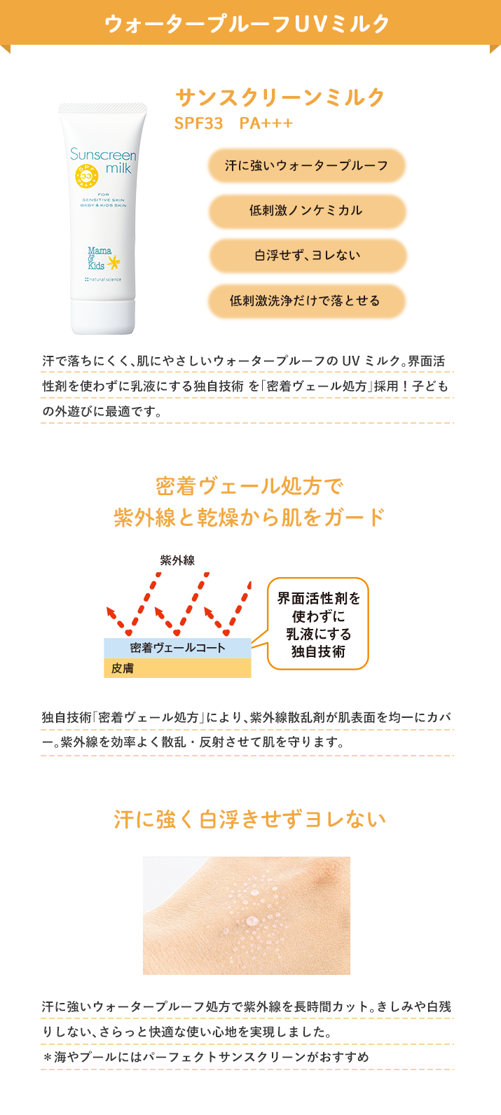 サンスクリーンミルク
							SPF33　PA+++  密着ヴェール処方で紫外線と乾燥から肌をガード　　汗に強く白浮きせずヨレない