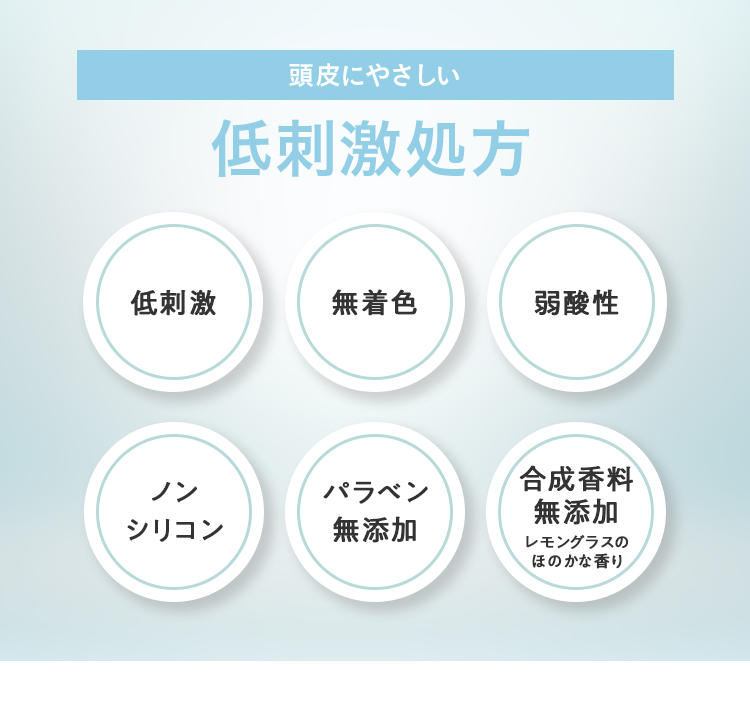 頭皮にやさしい 低刺激処方 [低刺激][無着色][弱酸性][ノンシリコン][パラベン無添加][合成香料無添加]