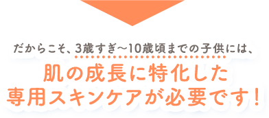 だからこそ、4-10歳の子供には、肌の成長に特化した
	専用スキンケアが必要です！