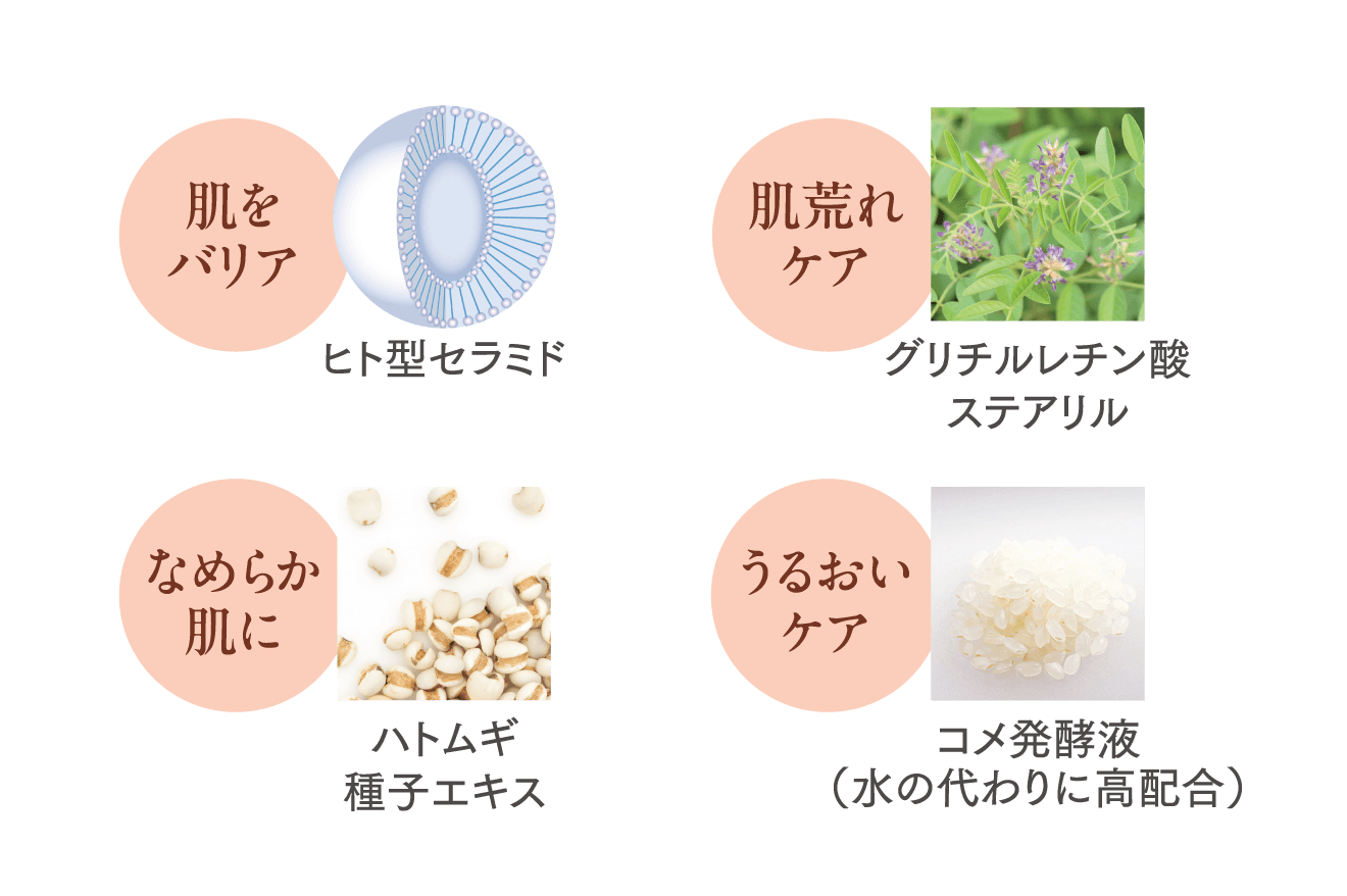 肌をバリア：ヒト型セラミド / 肌荒れケア：グリチルレチン酸ステアリル / なめらか肌に：ハトムギ種子エキス / うるおいケア：コメ発酵液（水の代わりに高配合） 