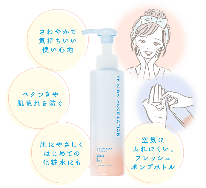 さわやかで気持ちいい使い心地 ベタつきや肌荒れを防ぐ 肌にやさしくはじめての化粧水にも 空気にふれにくい、フレッシュポンプボトル