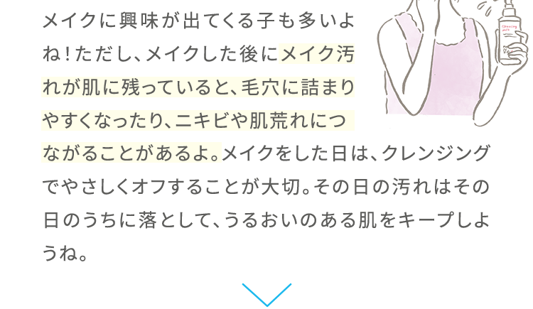 メイクに興味が出てくる子も多いよね！ただし、メイクした後にメイク汚れが肌に残っていると、毛穴に詰まりやすくなったり、ニキビや肌荒れにつながることがあるよ。メイクをした日は、クレンジングでやさしくオフすることが大切。その日の汚れはその日のうちに落として、うるおいのある肌をキープしようね。