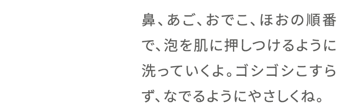 鼻、あご、おでこ、ほおの順番で、泡を肌に押しつけるように洗っていくよ。ゴシゴシこすらず、なでるようにやさしくね。