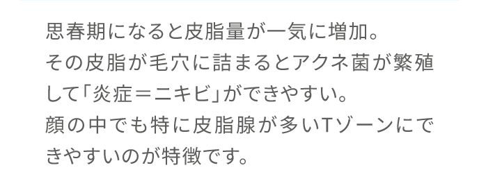 思春期になると皮脂量が一気に増加。その皮脂が毛穴に詰まるとアクネ菌が繁殖して「炎症ニキビ」ができやすい。顔の中でも特に皮脂腺が多いTゾーンにできやすいのが特徴です。