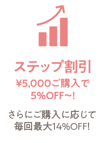 ステップ割引￥5,000ご購入で5％OFF〜! さらにご購入に応じて毎回最大14%OFF！