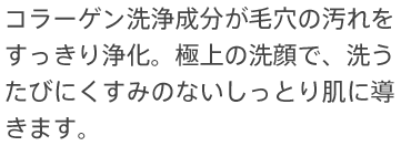 コラーゲン洗浄成分が毛穴の汚れをすっきり浄化。極上の洗顔で、洗うたびにくすみのないしっとり肌に導きます。