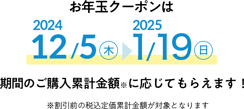 お年玉クーポンは2023/12/23(水)〜2024/1/23(火)期間のご利用累計金額(税込)に応じてもらえます! ※割引前の税込定価累計金額が対象となります