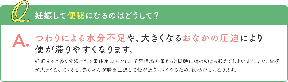 Q. 妊娠して便秘になるのはどうして？ A. つわりによる水分不足や、大きくなるおなかの圧迫により 便が滞りやすくなります。