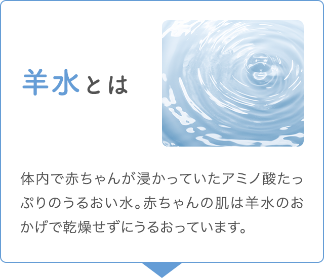 羊水とは 体内で赤ちゃんが浸かっていたアミノ酸たっぷりのうるおい水。赤ちゃんの肌は羊水のおかげで乾燥せずにうるおっています。