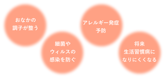 お腹の調子が整う　細菌やウイルスの感染を防ぐ　アレルギー発症予防　将来生活習慣病になりにくくなる