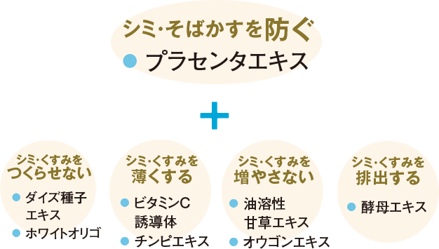 ● プラセンタエキス
										● ダイズ種子エキス● ホワイトオリゴ　● ビタミンC誘導体● チンピエキス● 油溶性  甘草エキス● オウゴンエキス● 酵母エキス