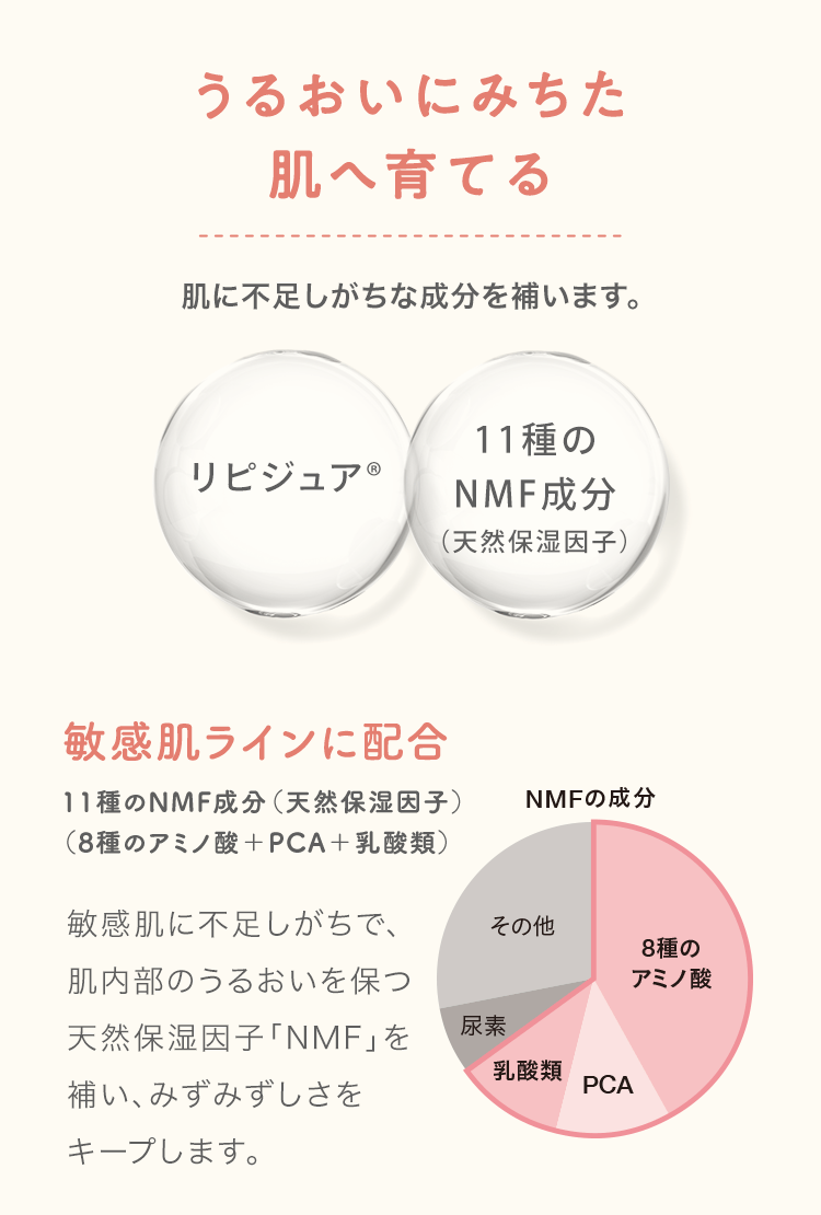 うるおいにみちた肌へ育てる肌に不足しがちな成分を補います。リピジュア®︎11種のNMF成分（天然保湿因子）敏感肌ラインに配合11種のNMF成分（天然保湿因子）（8種のアミノ酸＋PCA＋乳酸類）敏感肌に不足しがちで、肌内部のうるおいを保つ天然保湿因子「NMF」を補い、みずみずしさをキープします。